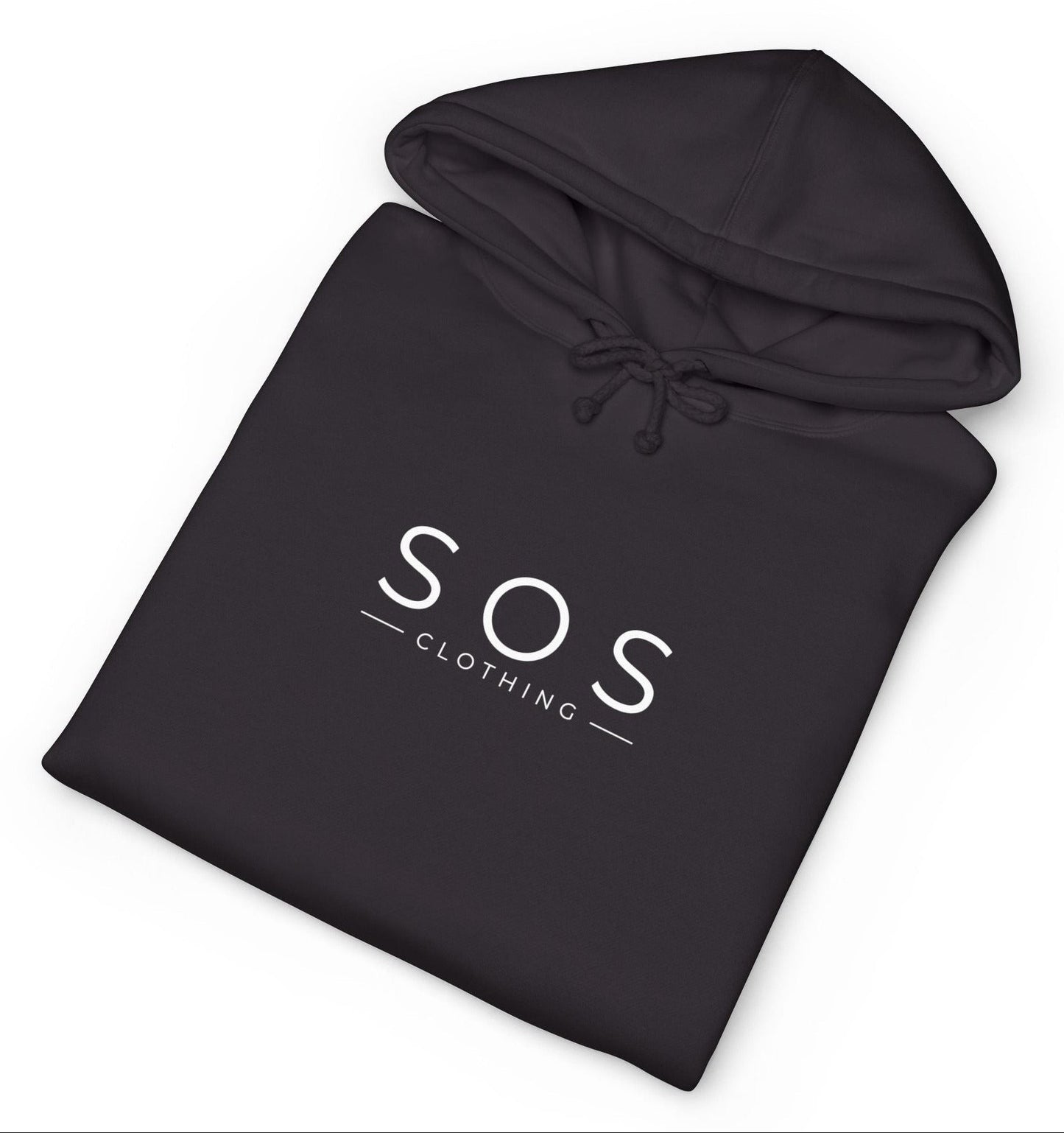 Black hoodie with 'SOS Clothing' text on a white background