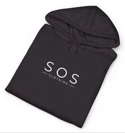 Black hoodie with 'SOS Clothing' text on a white background