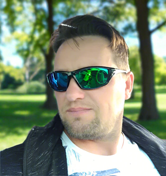 Collage of a man wearing sunglasses with different lenses, inside a car and outdoors.