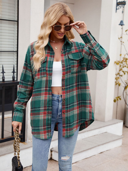 New Casual Fashion Loose Plaid Pocket Shirt