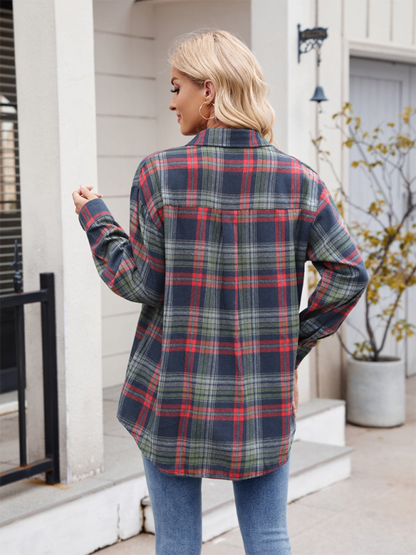 New Casual Fashion Loose Plaid Pocket Shirt